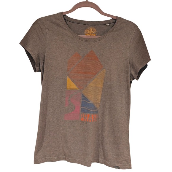 Prana Short Sleeve Graphic Tee Modern Geometric Mountain Design Brown Medium - Picture 1 of 5